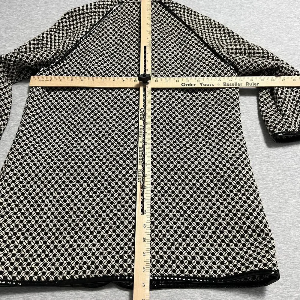 Nubby Coat Jacket Womens Medium Black White Tweed Y2K Patent Leather Trim Modern
